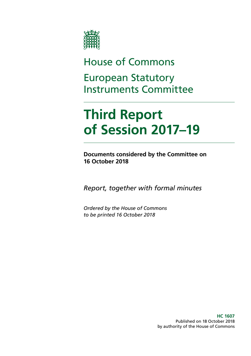 European Statutory Instruments Committee 3rd Report of Session 2017-19