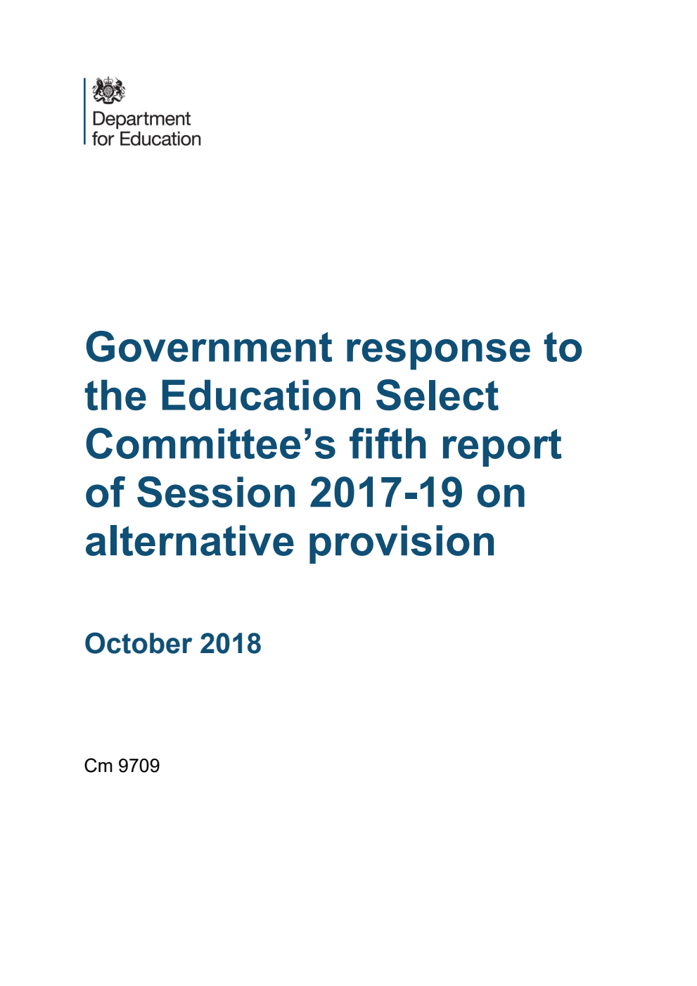 Government response to the Education Select Committee’s fifth report of Session 2017-19 on alternative provision