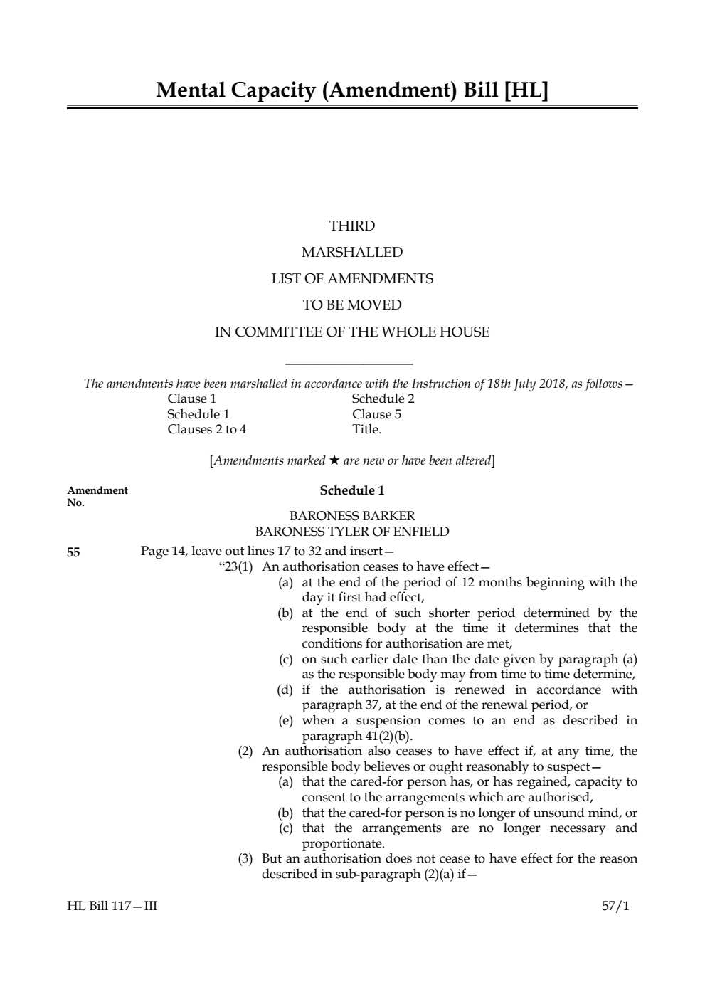 Mental Capacity (Amendment) Bill 3rd Marshalled list of Amendments to be moved in Committee of the Whole House