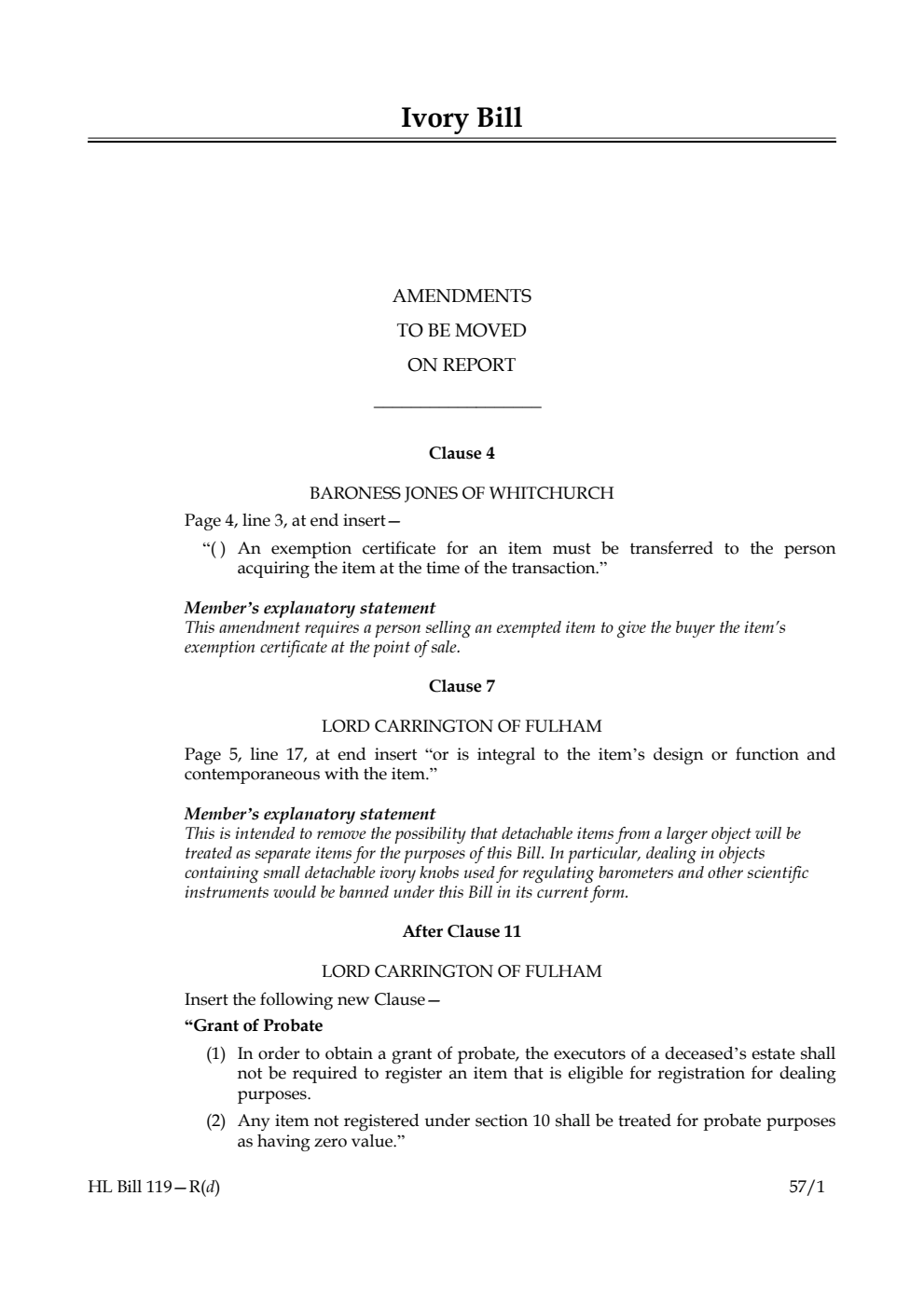 Ivory Bill Amendments to be moved on report