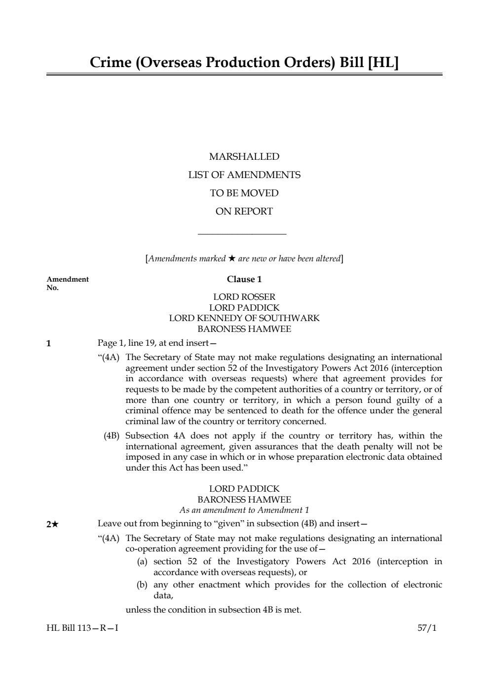 Crime (Overseas Production Orders) Bill Marshalled list of amendments to be moved on report