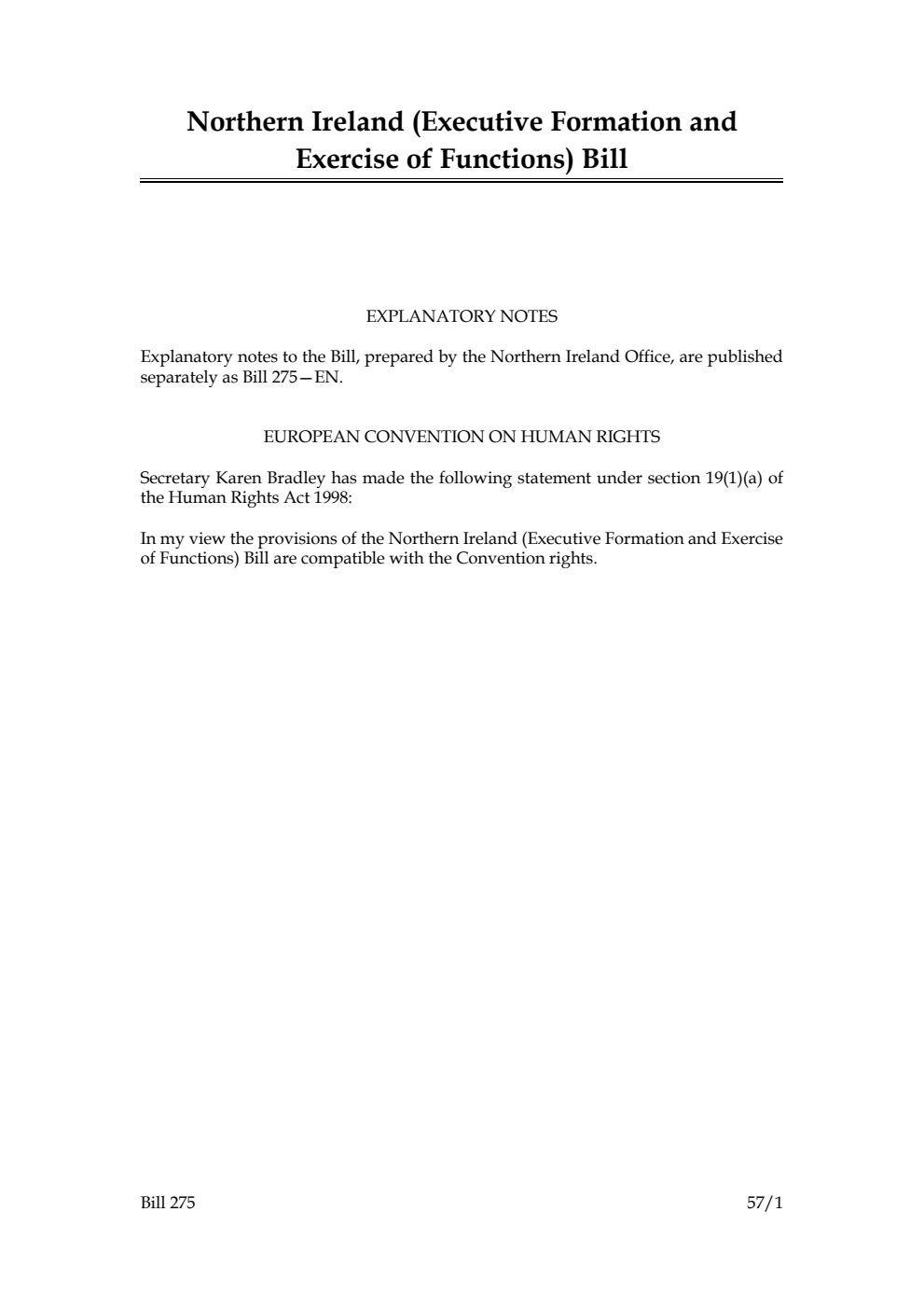 Northern Ireland (Executive Formation and Exercise of Functions) Bill