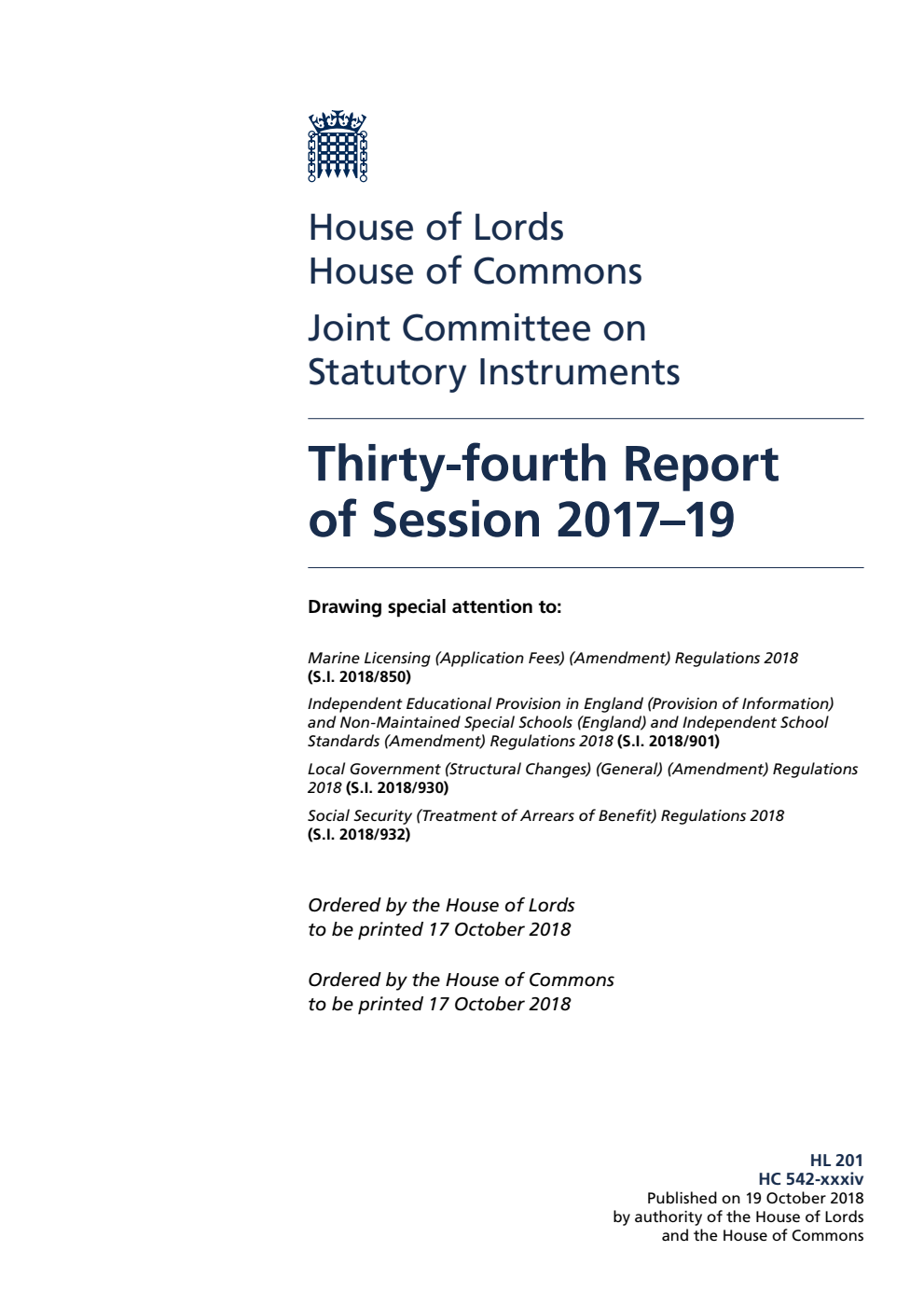 Joint Committee on Statutory Instruments 34th Report of Session 2017–19