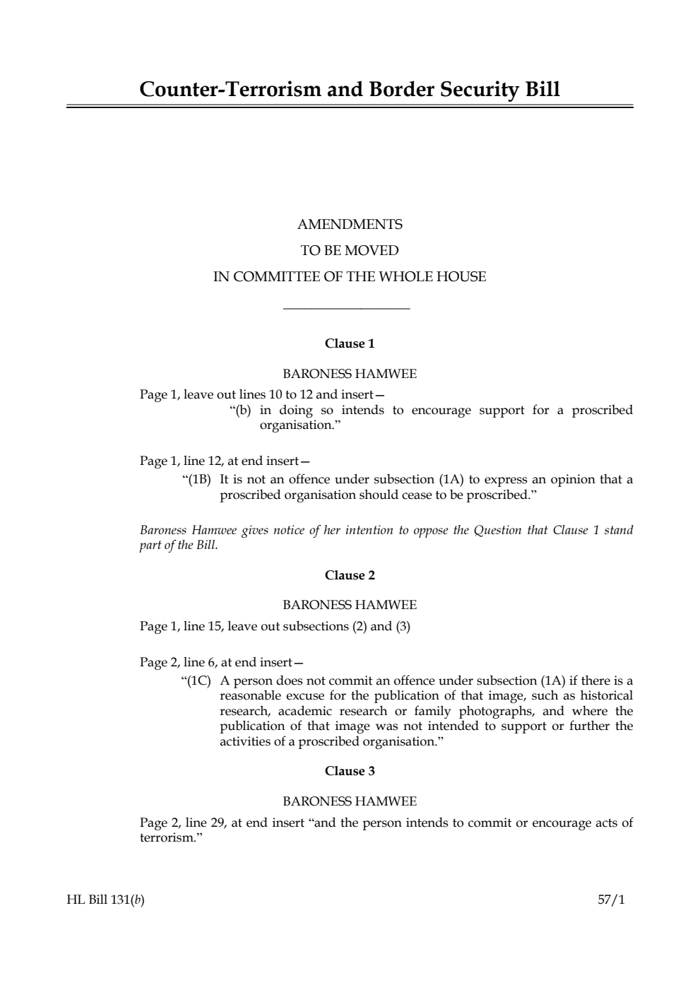 Counter-Terrorism and Border Security Bill Amendments to be moved in Committee of the Whole House
