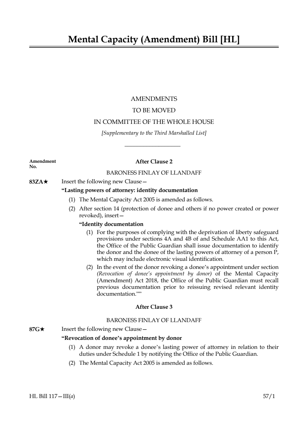 Mental Capacity (Amendment) Bill Amendments to be moved in Committee of the Whole House [Supplementary to the third Marshalled List]
