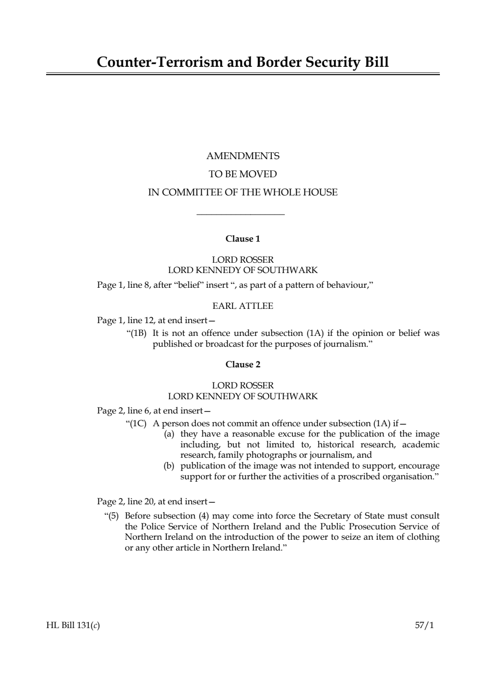 Counter-Terrorism and Border Security Bill Amendments to be moved in Committee of the Whole House
