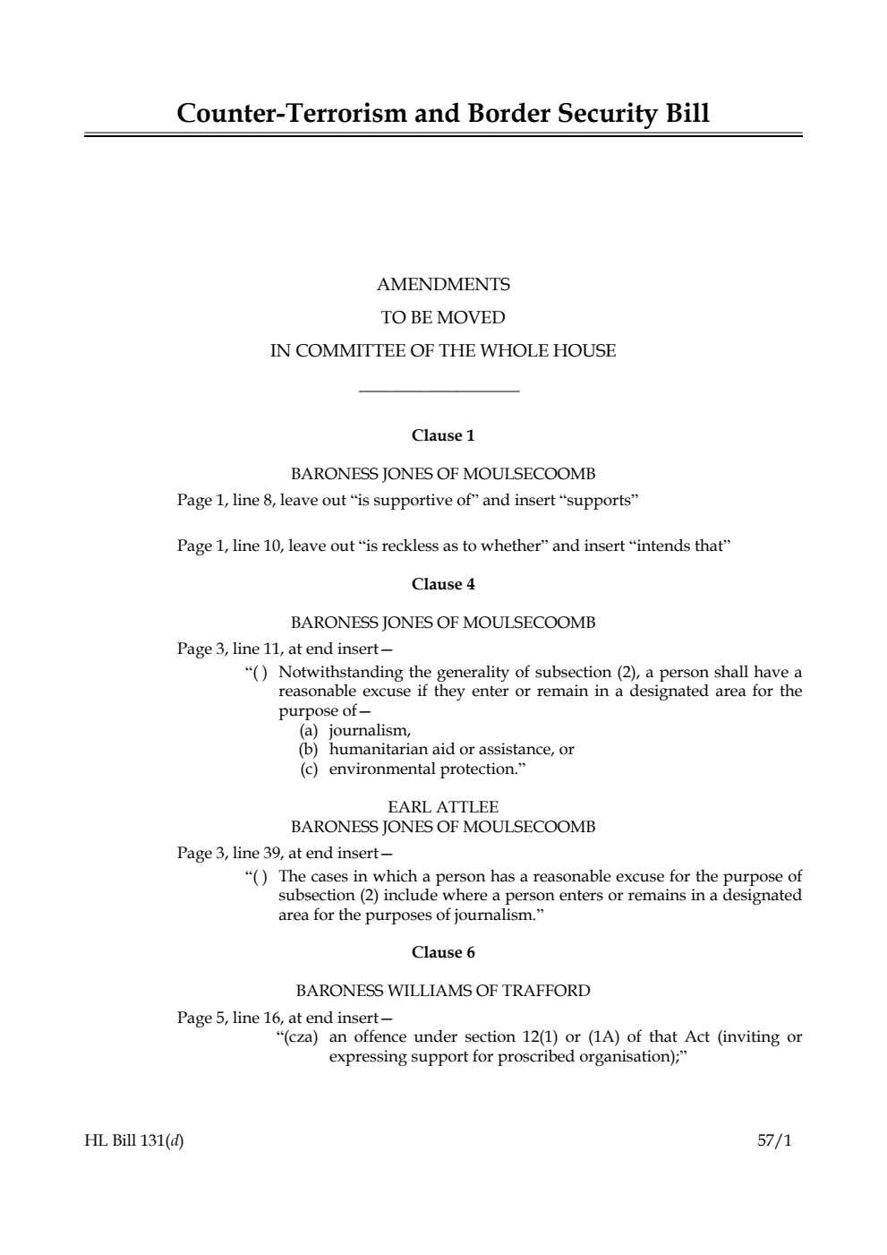 Counter-Terrorism and Border Security Bill Amendments to be moved in Committee of the Whole House
