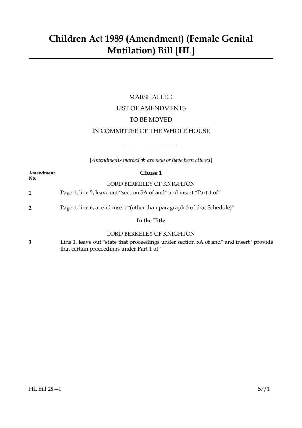 Children Act 1989 (Amendment) (Female Genital Mutilation) Bill Marshalled list of Amendments to be moved in Committee of the Whole House