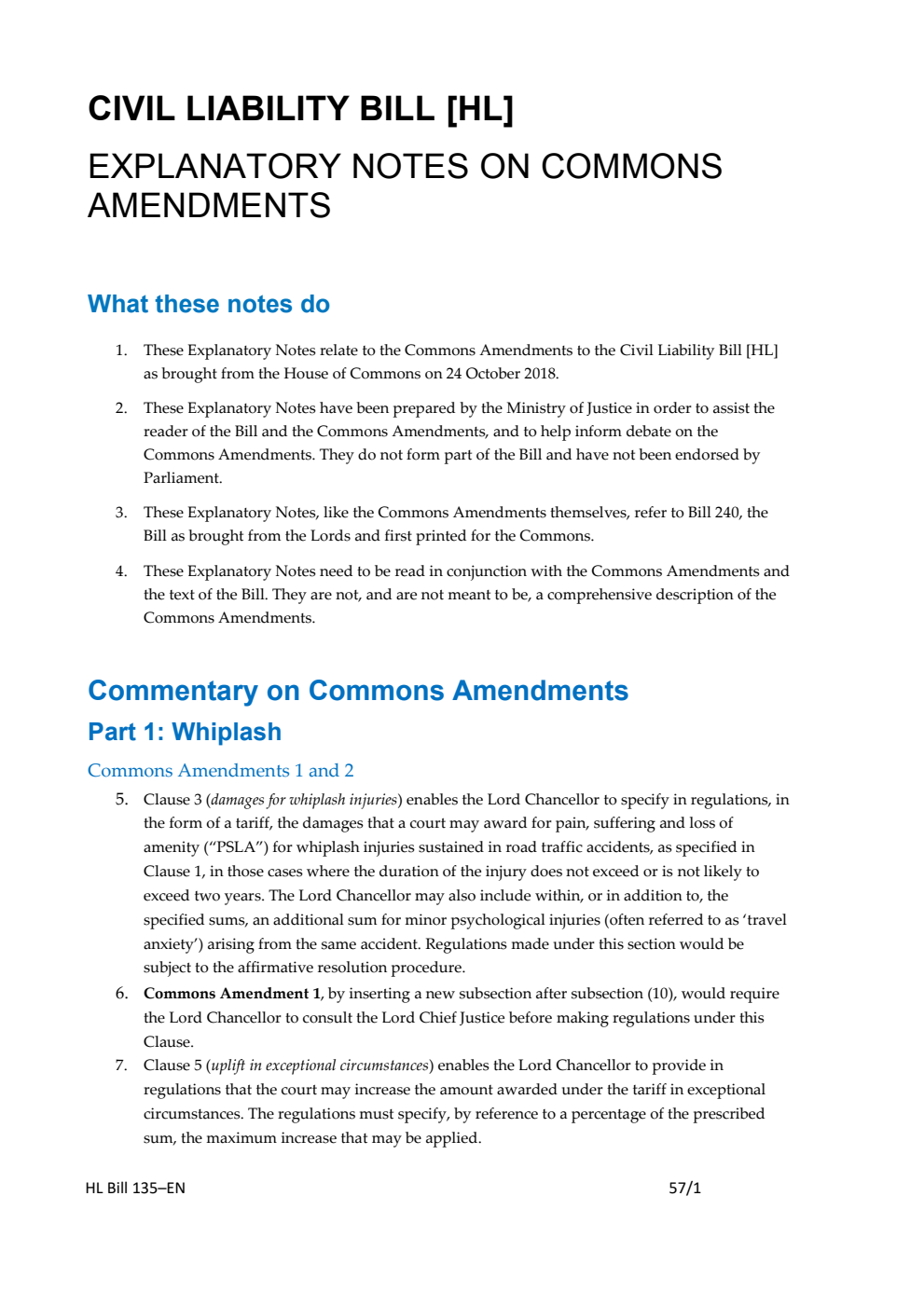 Civil Liability Bill Explanatory Notes on Commons Amendments