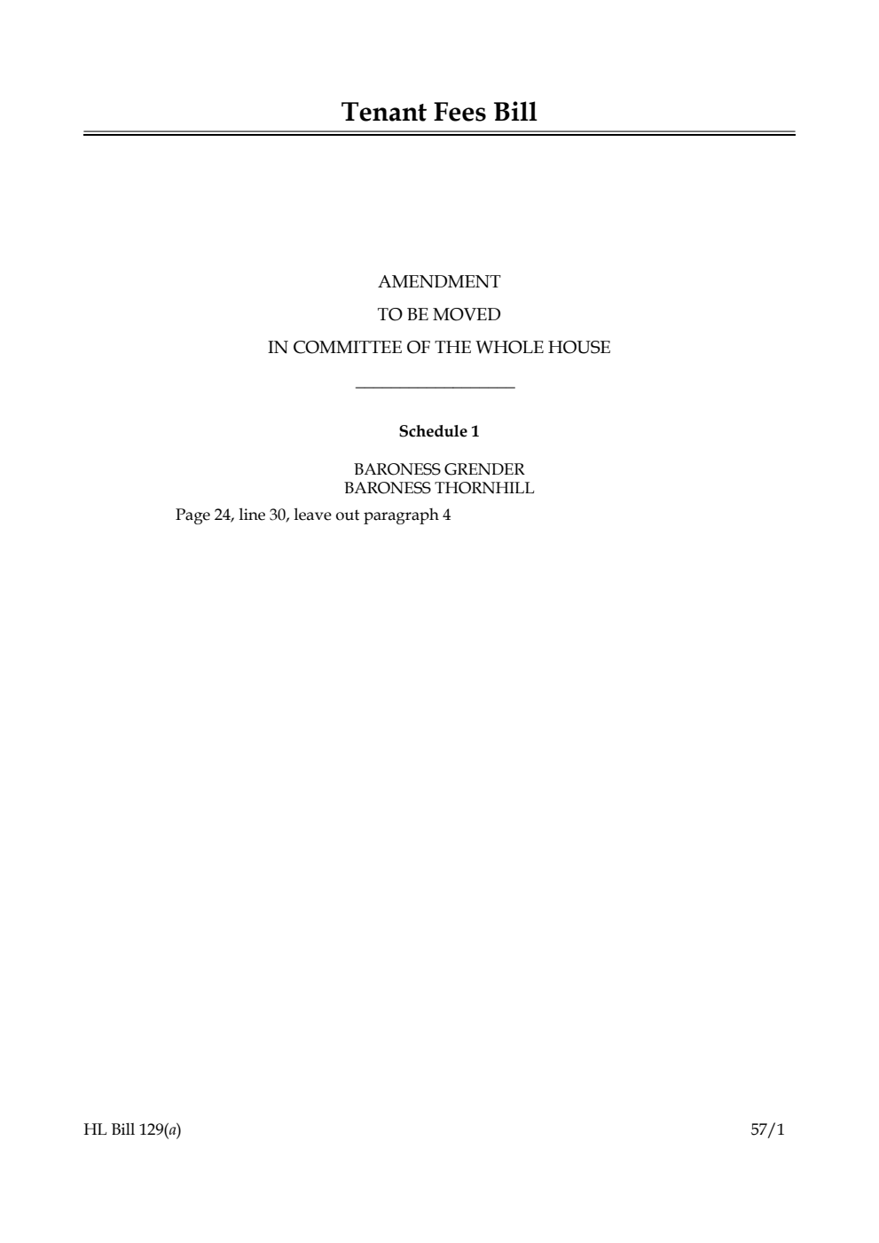 Tenant Fees Bill Amendment to be moved in Committee of the Whole House