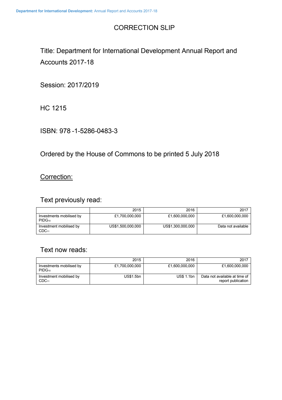 Department for International Development Annual Report and Accounts 2017–18. Correction Slip, October 2018