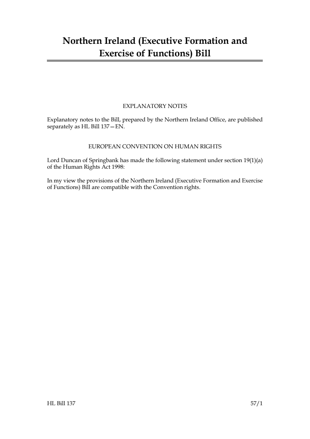 Northern Ireland (Executive Formation and Exercise of Functions) Bill