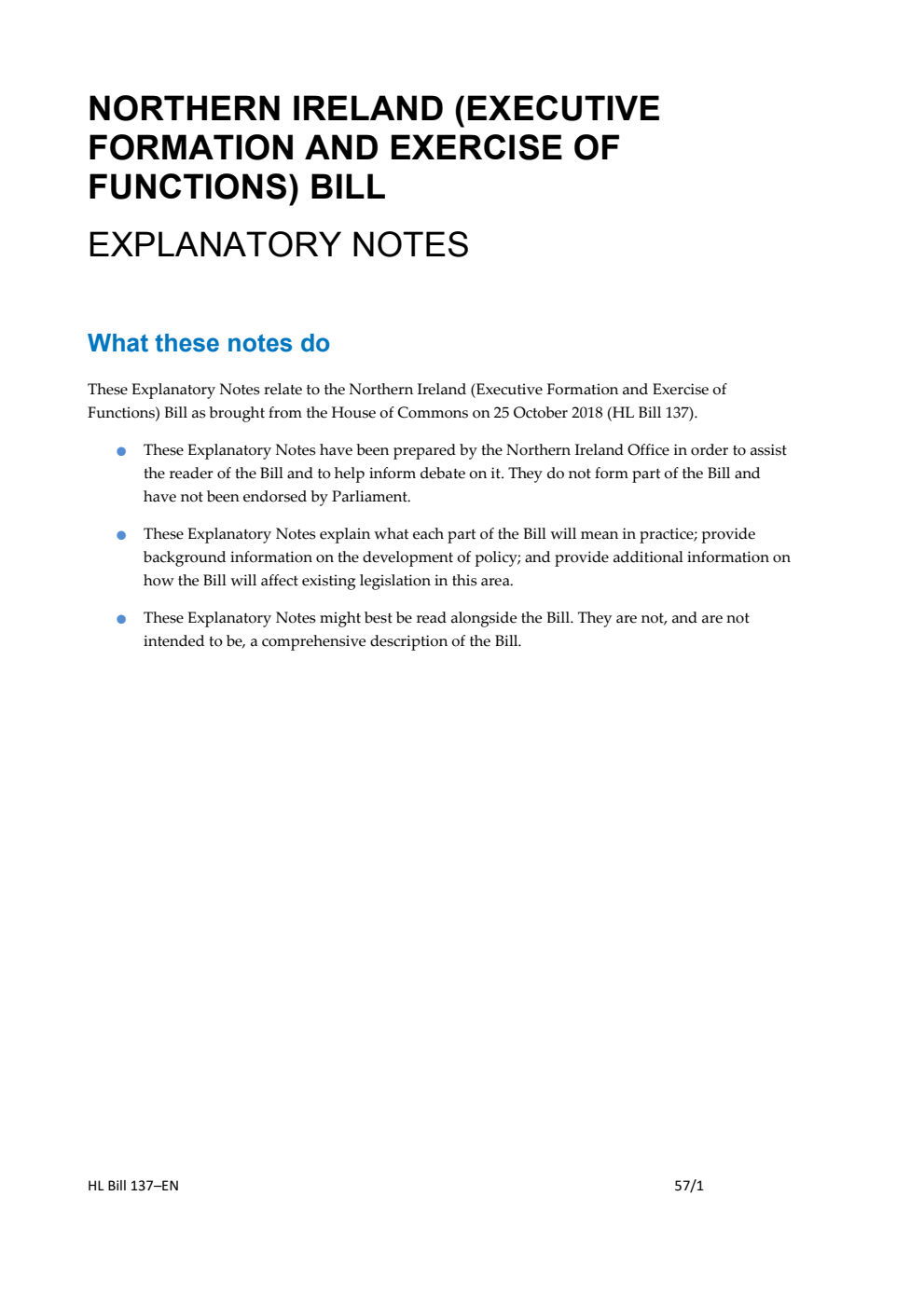 Northern Ireland (Executive Formation and Exercise of Functions) Bill Explanatory Notes