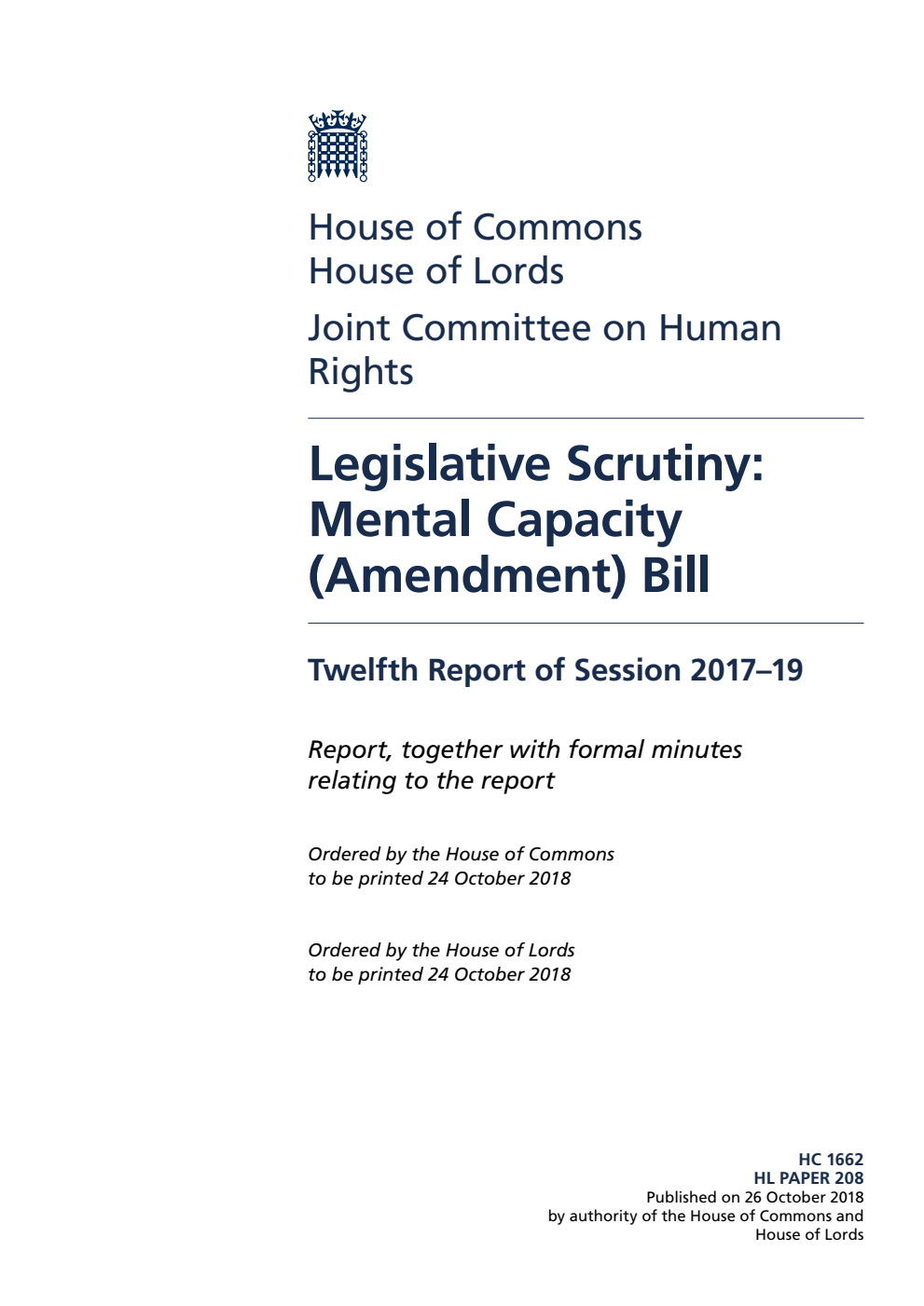 Human Rights Joint Committee 12th Report. Legislative Scrutiny: Mental Capacity (Amendment) Bill