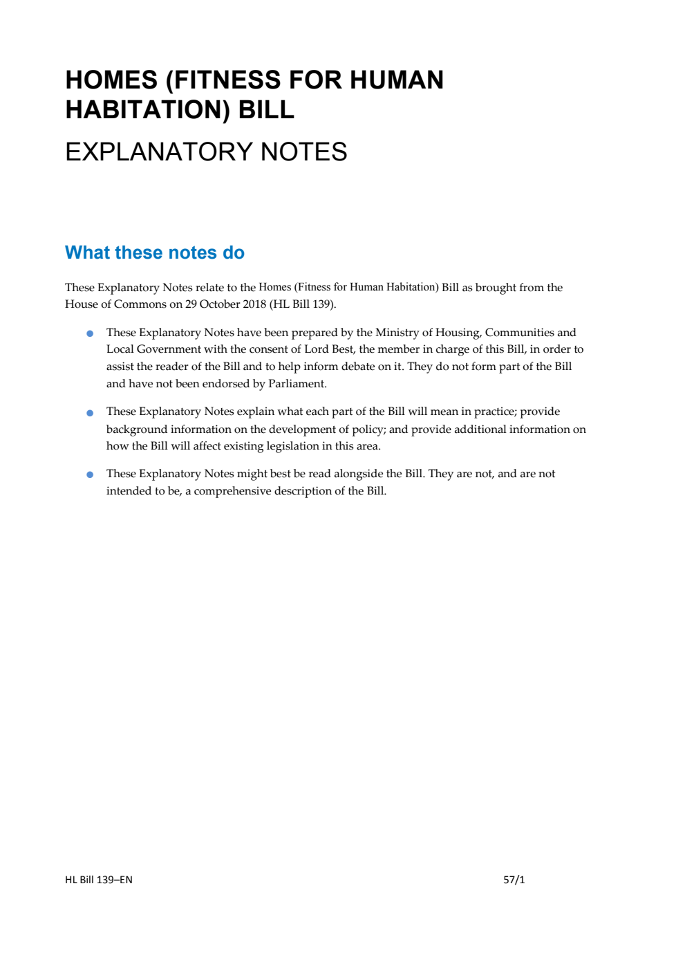 Homes (Fitness for Human Habitation) Bill Explanatory Notes