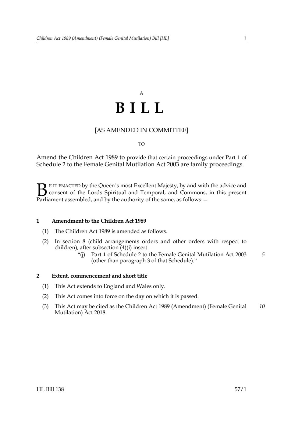 Children Act 1989 (Amendment) (Female Genital Mutilation) Bill [as amended in Committee]