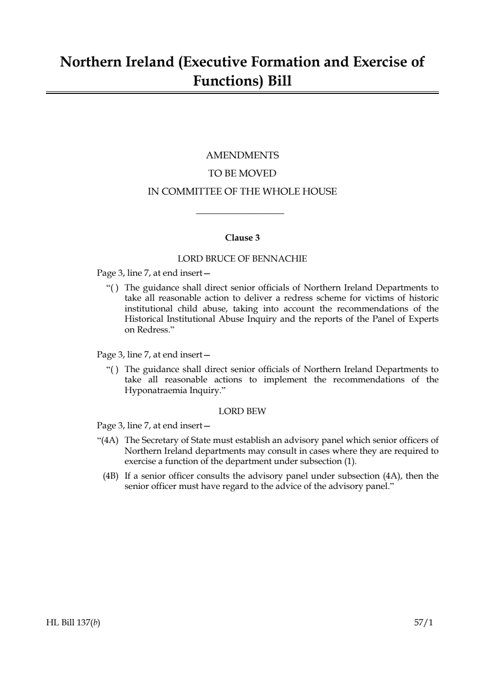 Northern Ireland (Executive Formation and Exercise of Functions) Bill Amendments to be moved in Committee of the Whole House
