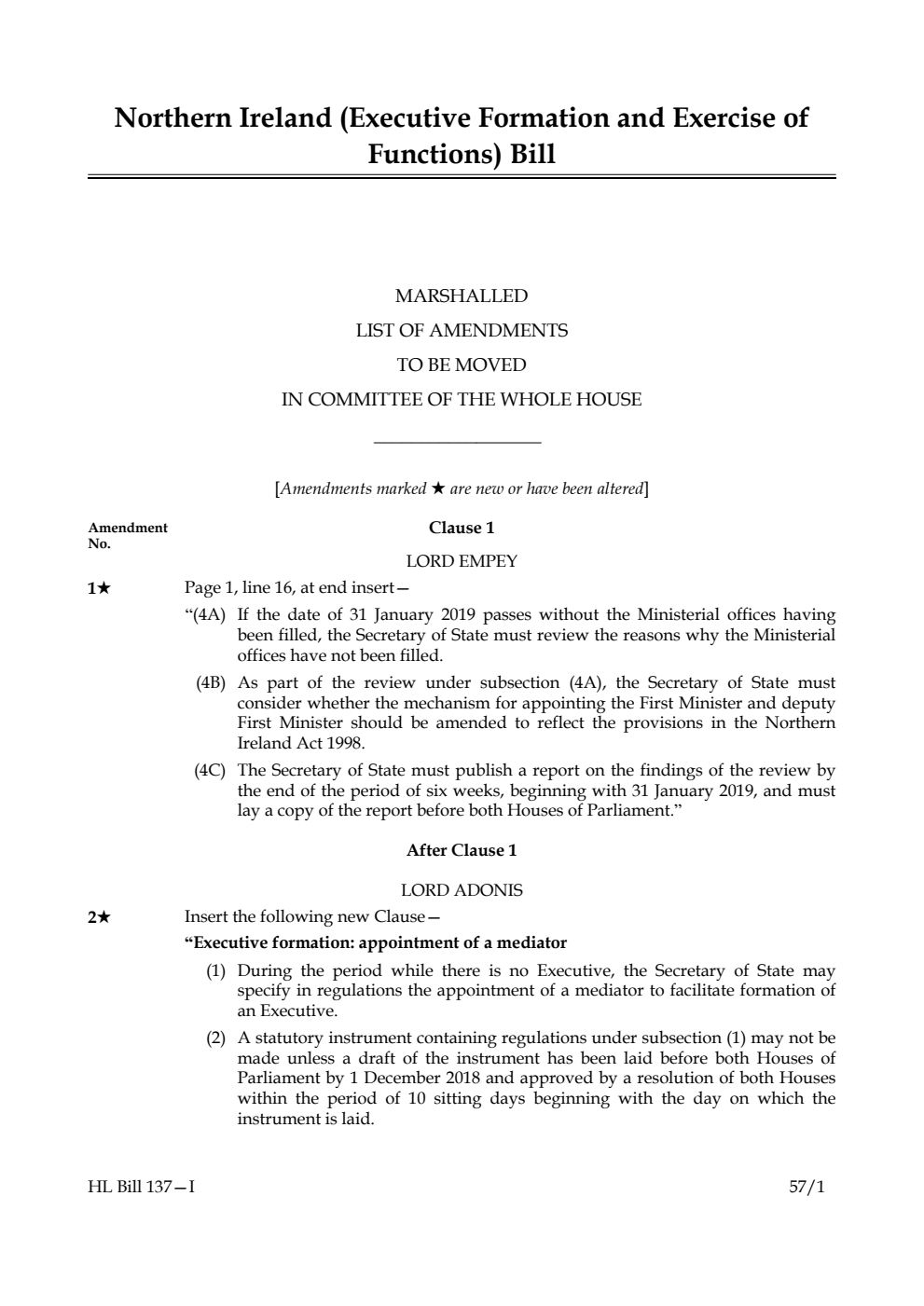 Northern Ireland (Executive Formation and Exercise of Functions) Bill Marshalled list of Amendments to be moved in Committee of the Whole House