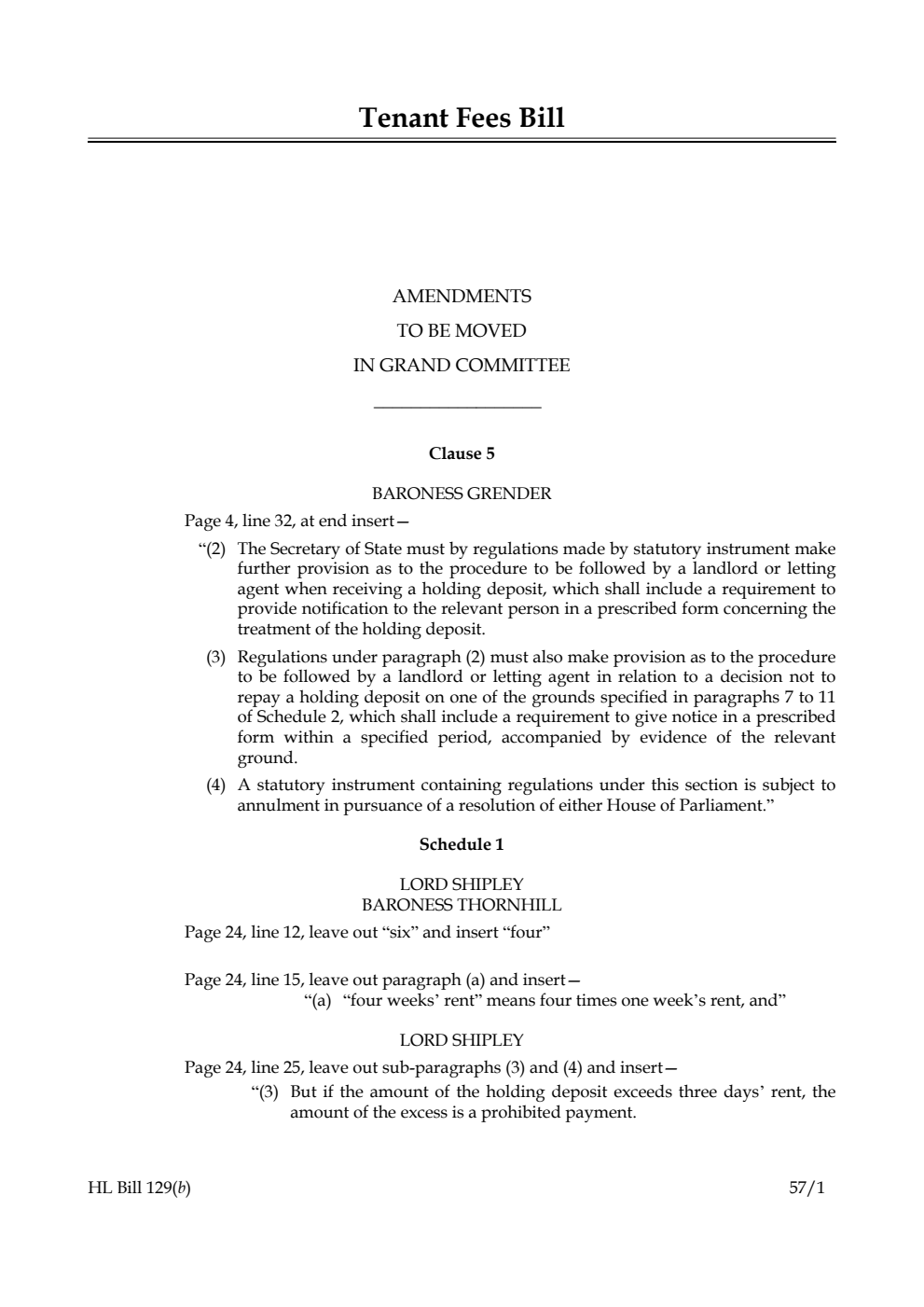 Tenant Fees Bill Amendments to be moved in Grand Committee