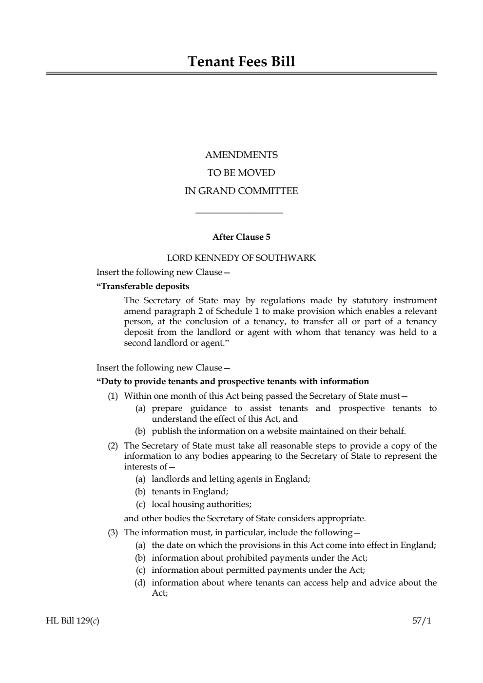 Tenant Fees Bill Amendments to be moved in Grand Committee