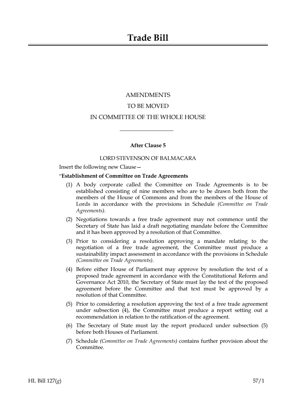 Trade Bill Amendments to be moved in Committee of the Whole House