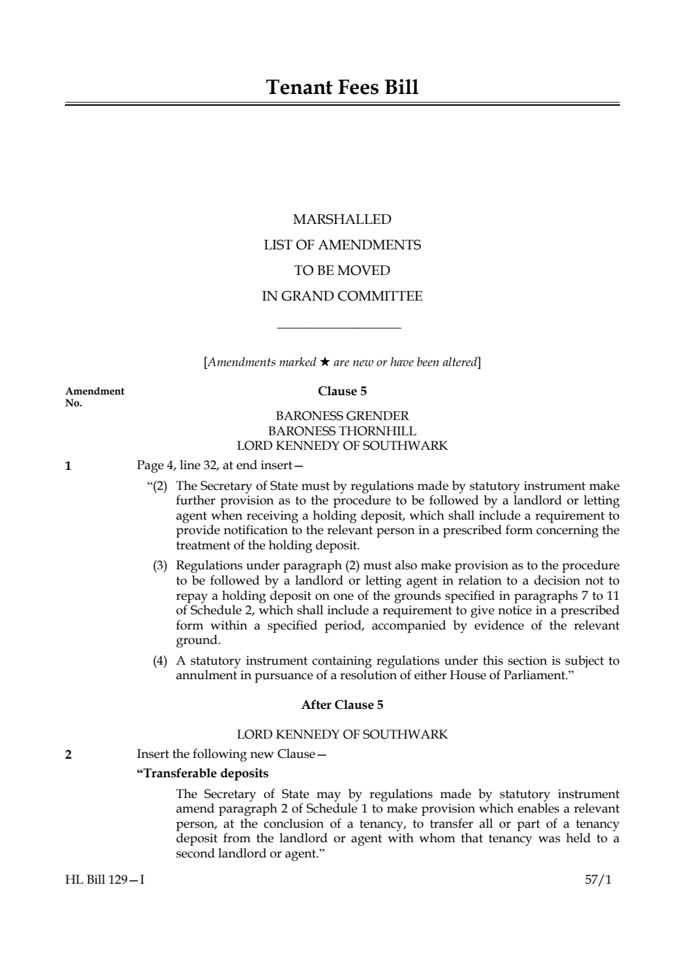 Tenant Fees Bill Marshalled List of Amendments to be moved in Grand Committee