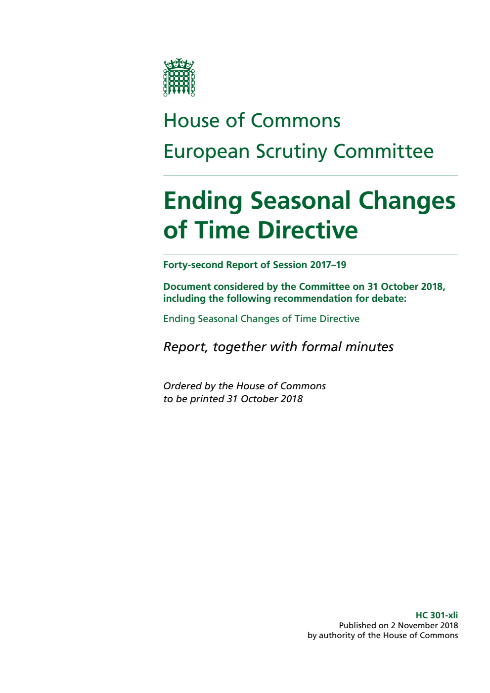European Scrutiny Committee 42nd Report. Ending Seasonal Changes of Time Directive