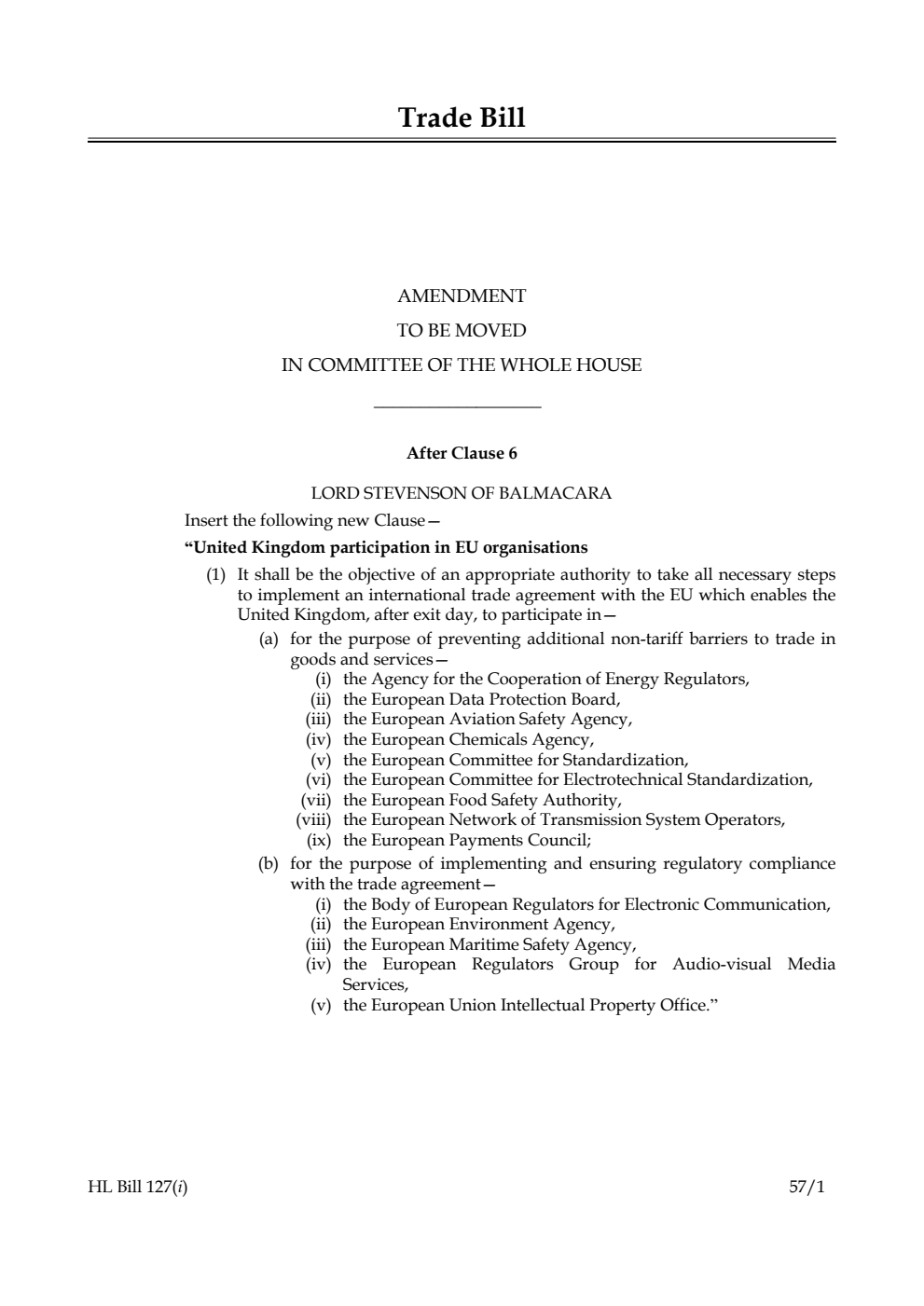 Trade Bill Amendments to be moved in Committee of the Whole House