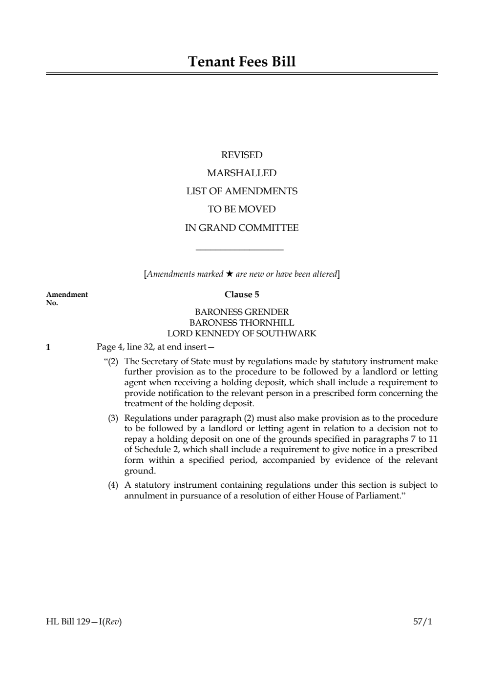 Tenant Fees Bill Revised Marshalled List of Amendments to be moved in Grand Committee