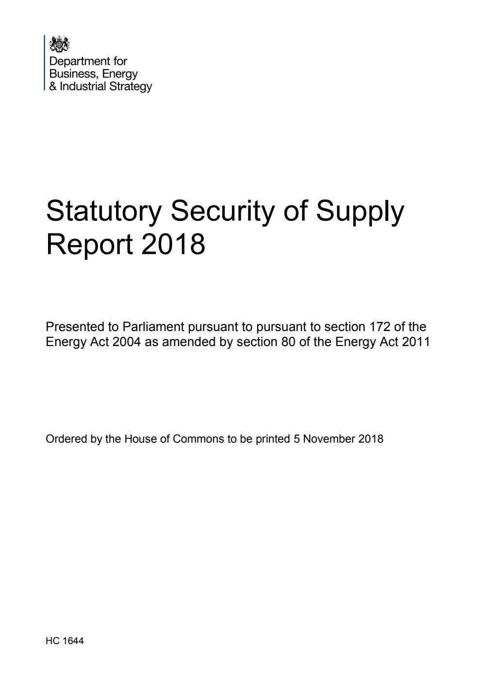 Statutory Security of Supply Report 2018