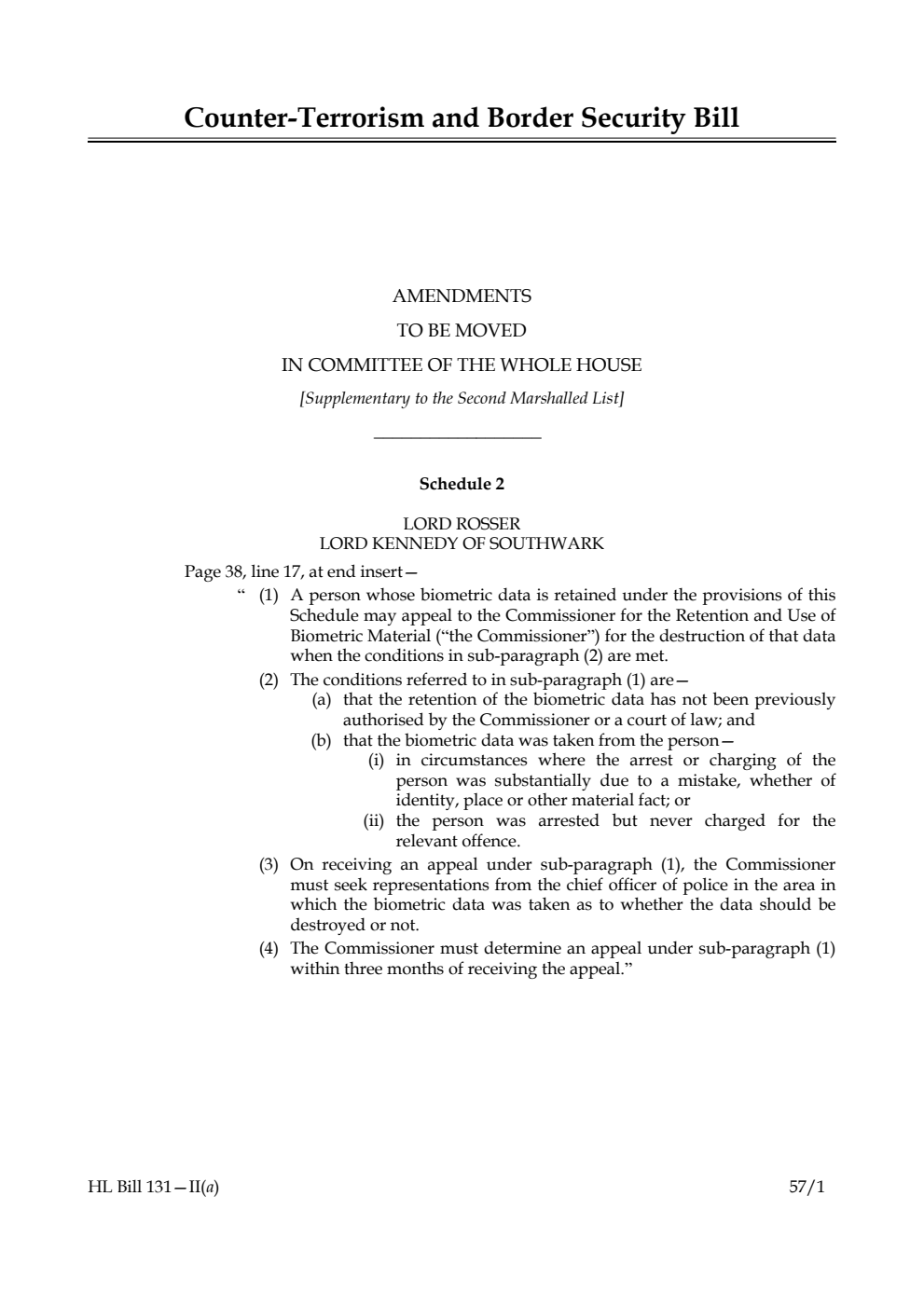 Counter-Terrorism and Border Security Bill Amendments to be moved in Committee of the Whole House [Supplementary to the Second Marshalled List]