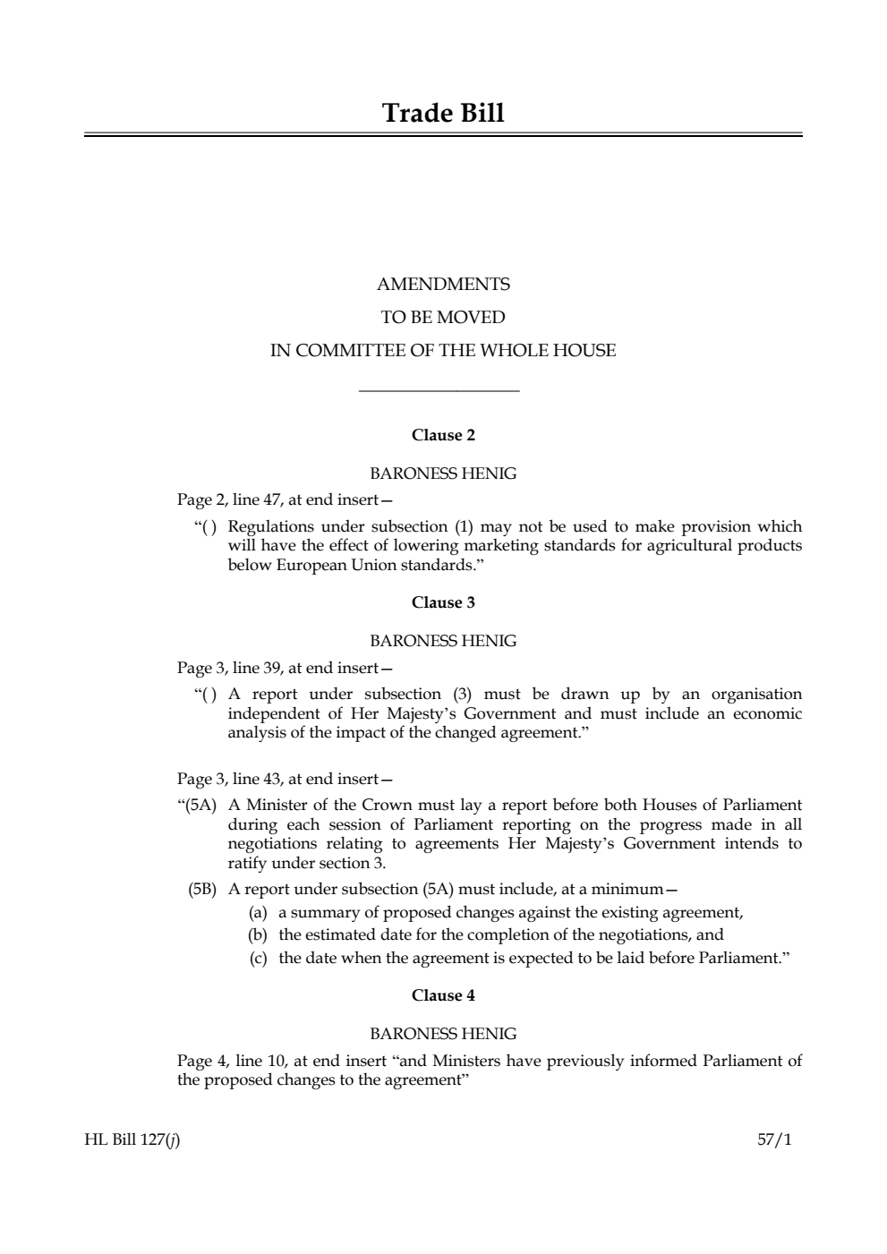 Trade Bill Amendments to be moved in Committee of the Whole House