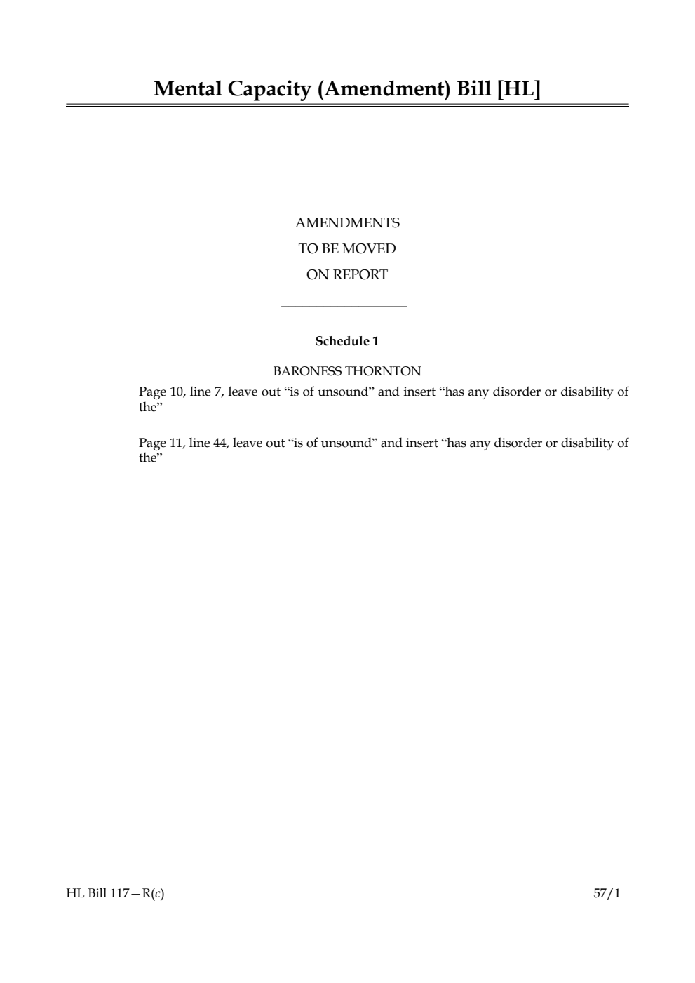 Mental Capacity (Amendment) Bill Amendments to be moved on report