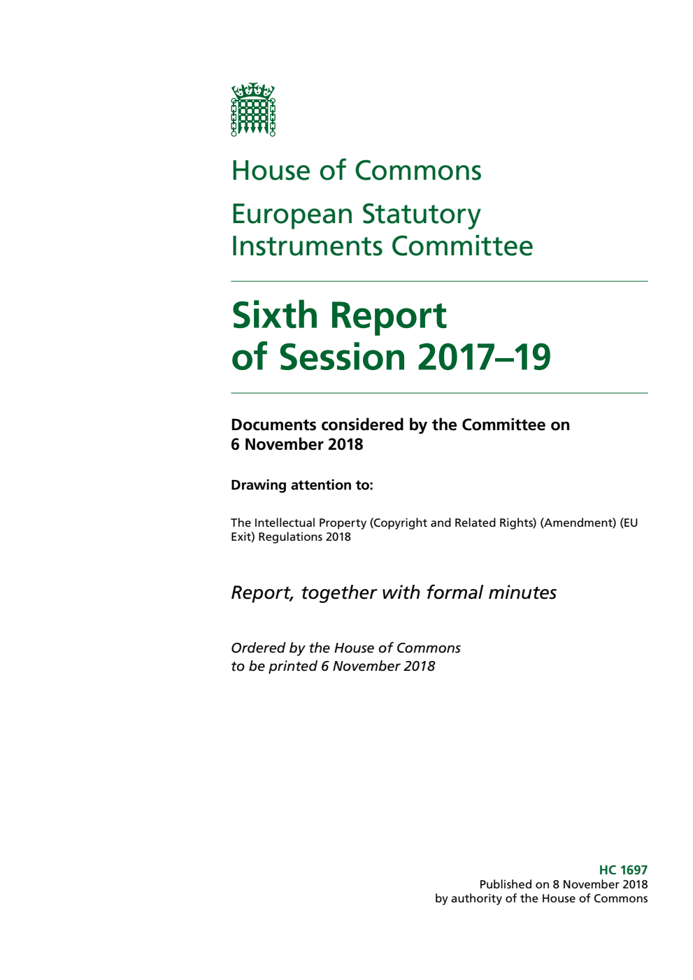 European Statutory Instruments Committee 6th Report of Session 2017-19