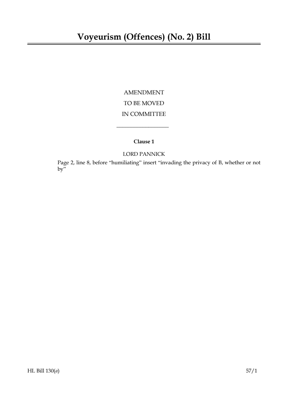 Voyeurism (Offences) (No. 2) Bill Amendment to be moved in Committee