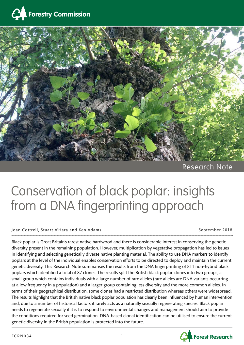 Forestry Commission Research Note 034 Conservation of black poplar: insights from a DNA fingerprinting approach