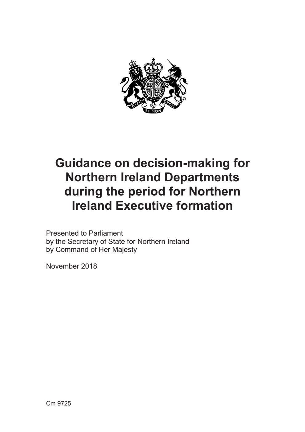 Guidance on decision-making for Northern Ireland Departments during the period for Northern Ireland Executive formation