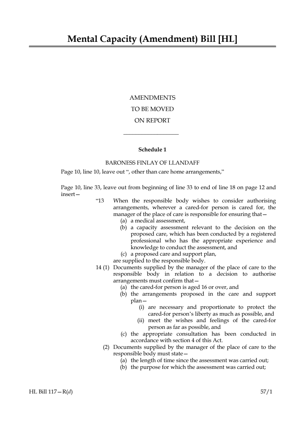 Mental Capacity (Amendment) Bill Amendments to be moved on report