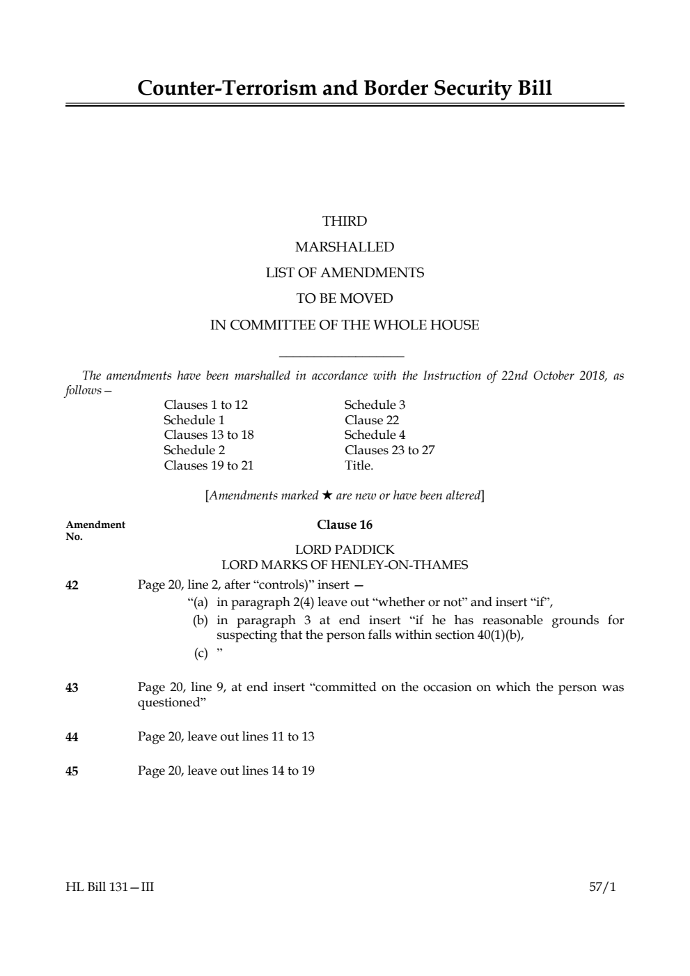 Counter-Terrorism and Border Security Bill Third Marshalled List of Amendments to be moved in Committee of the Whole House