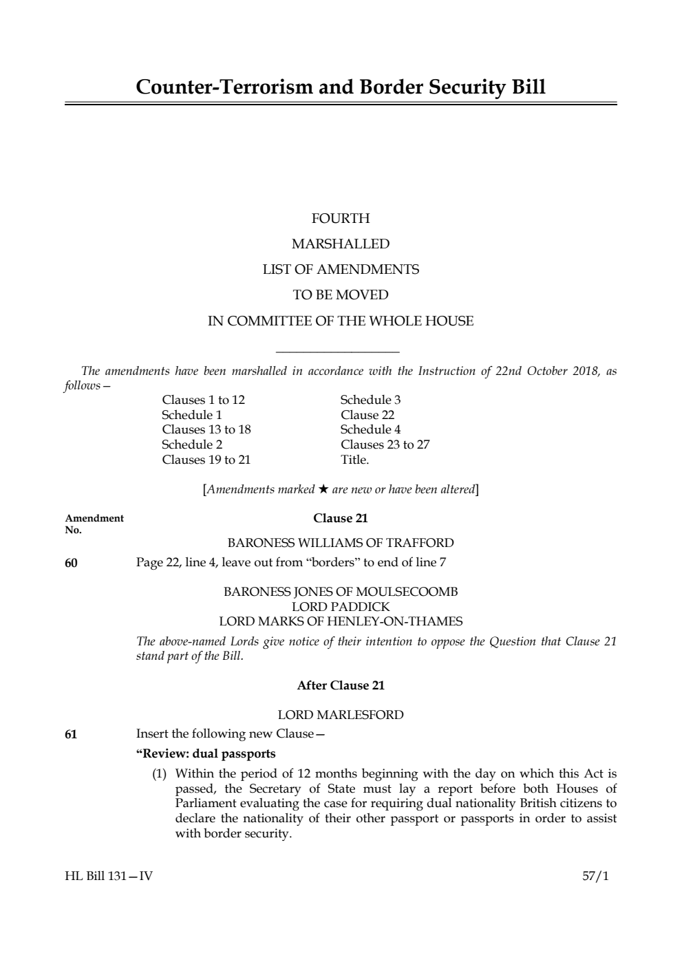 Counter-Terrorism and Border Security Bill Fourth Marshalled List of Amendments to be moved in Committee of the Whole House
