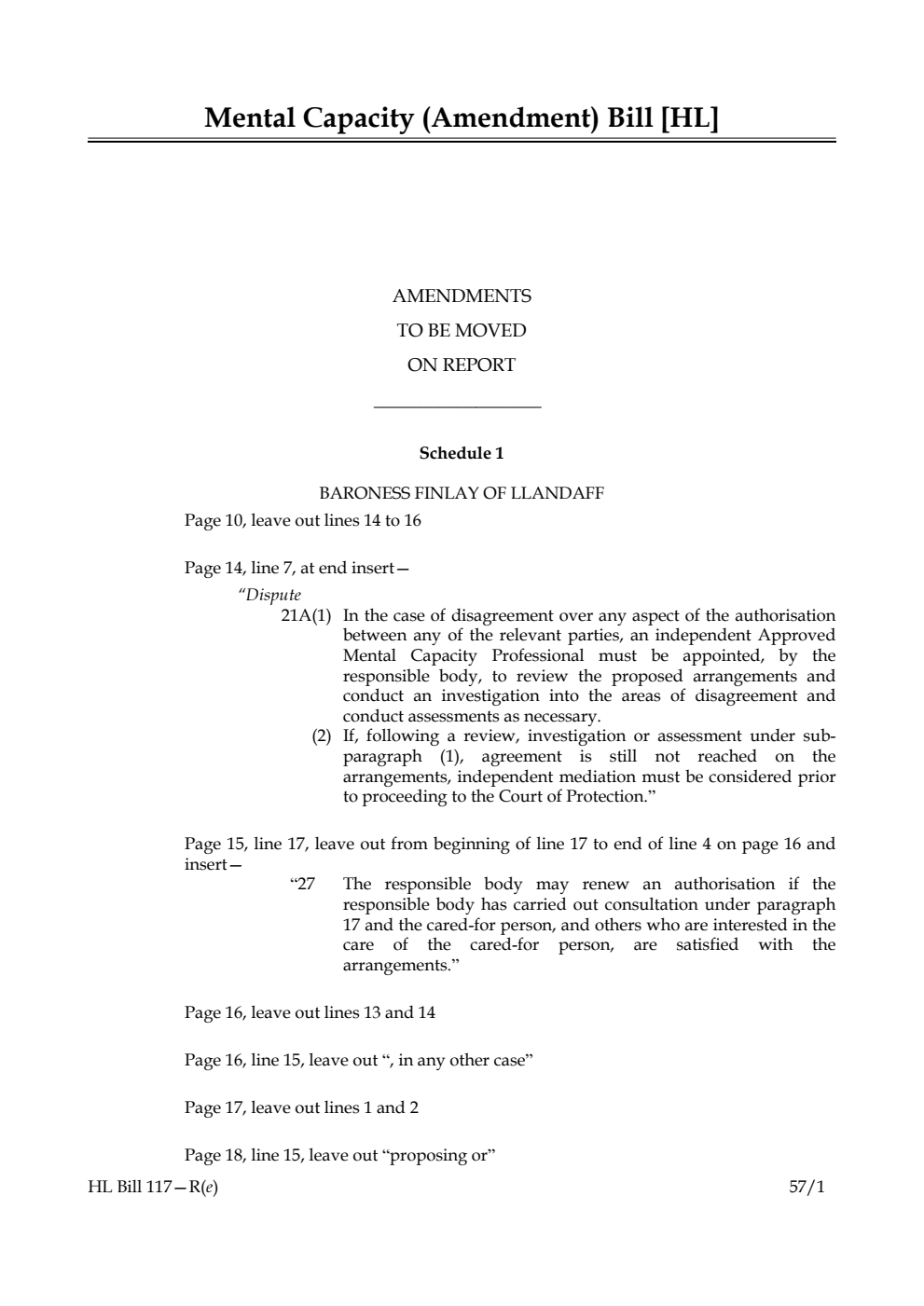 Mental Capacity (Amendment) Bill Amendments to be moved on report