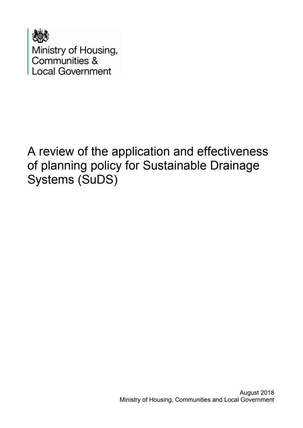 A review of the application and effectiveness of planning policy for Sustainable Drainage Systems (SuDS)