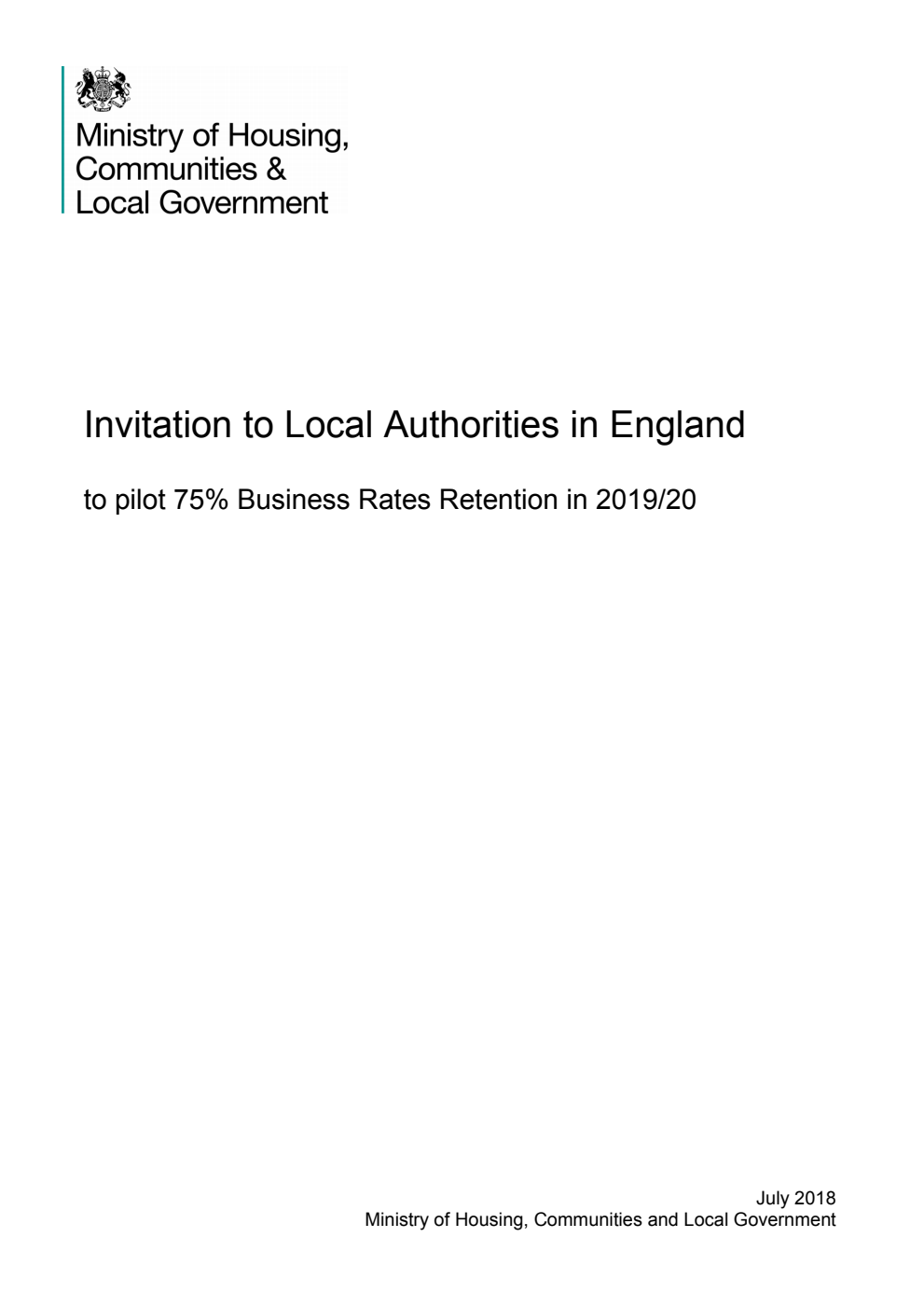 Invitation to Local Authorities in England to pilot 75% Business Rates Retention in 2019/20