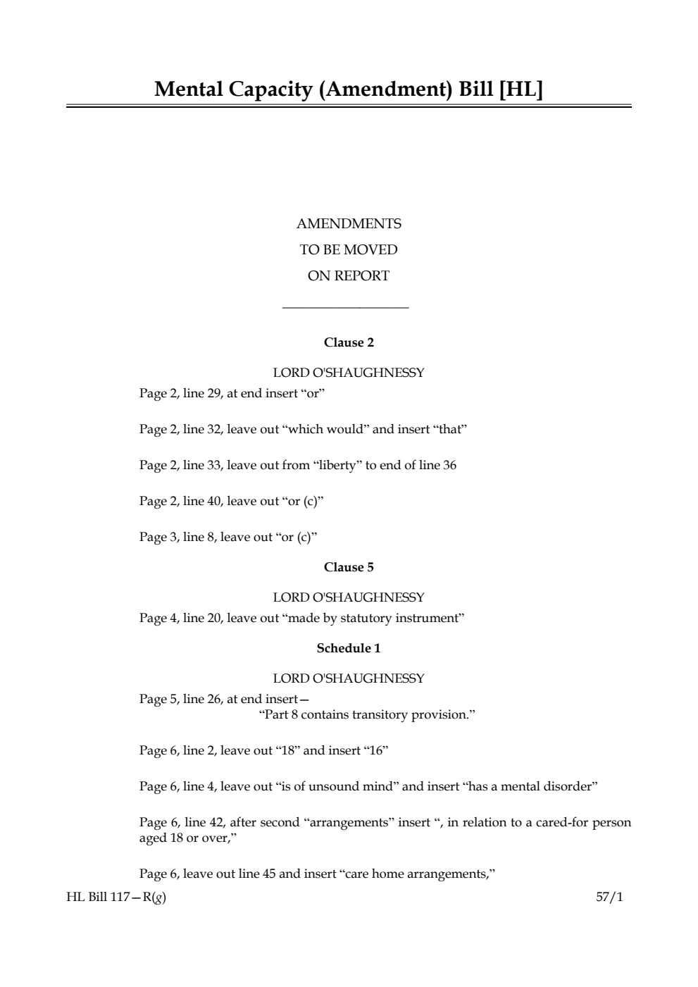 Mental Capacity (Amendment) Bill Amendments to be moved on report