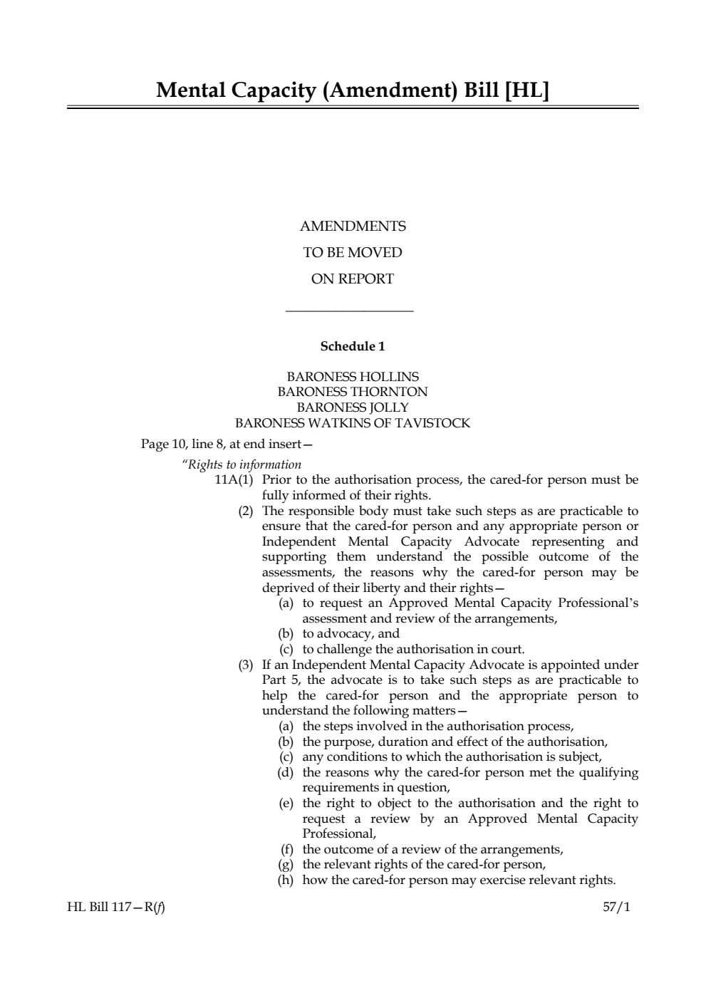 Mental Capacity (Amendment) Bill Amendments to be moved on report