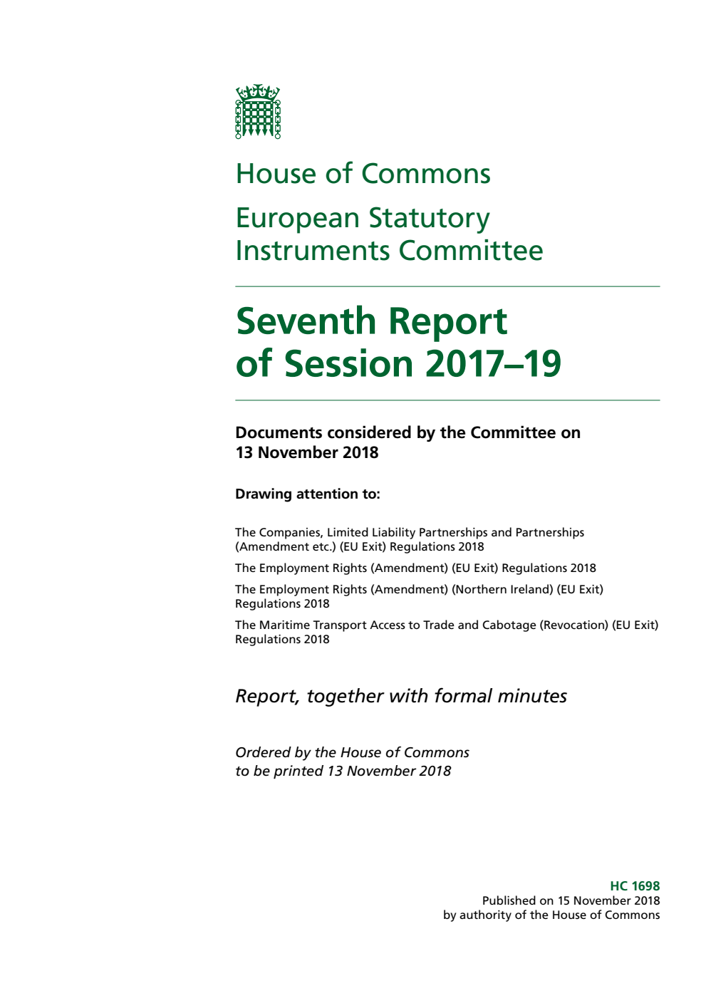 European Statutory Instruments Committee 7th Report of Session 2017-19
