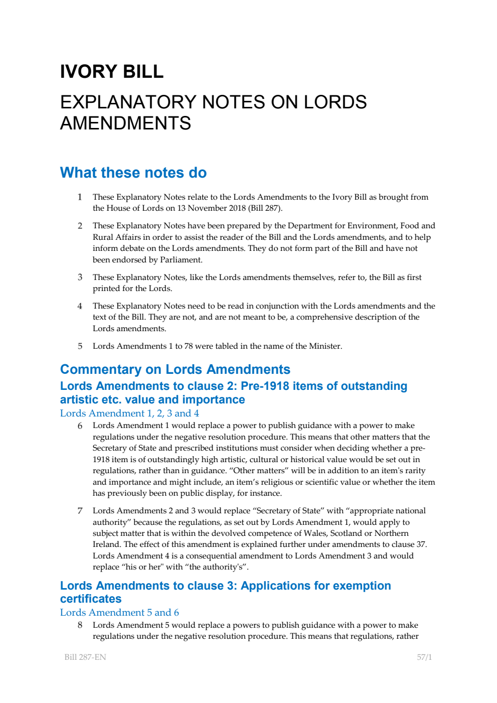 Ivory Bill  Explanatory Notes on Lords amendments