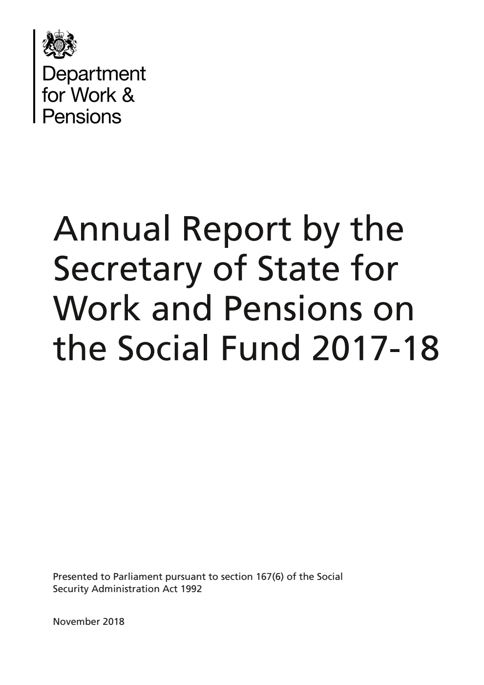 Annual Report by the Secretary of State for Work and Pensions on the Social Fund 2017-18