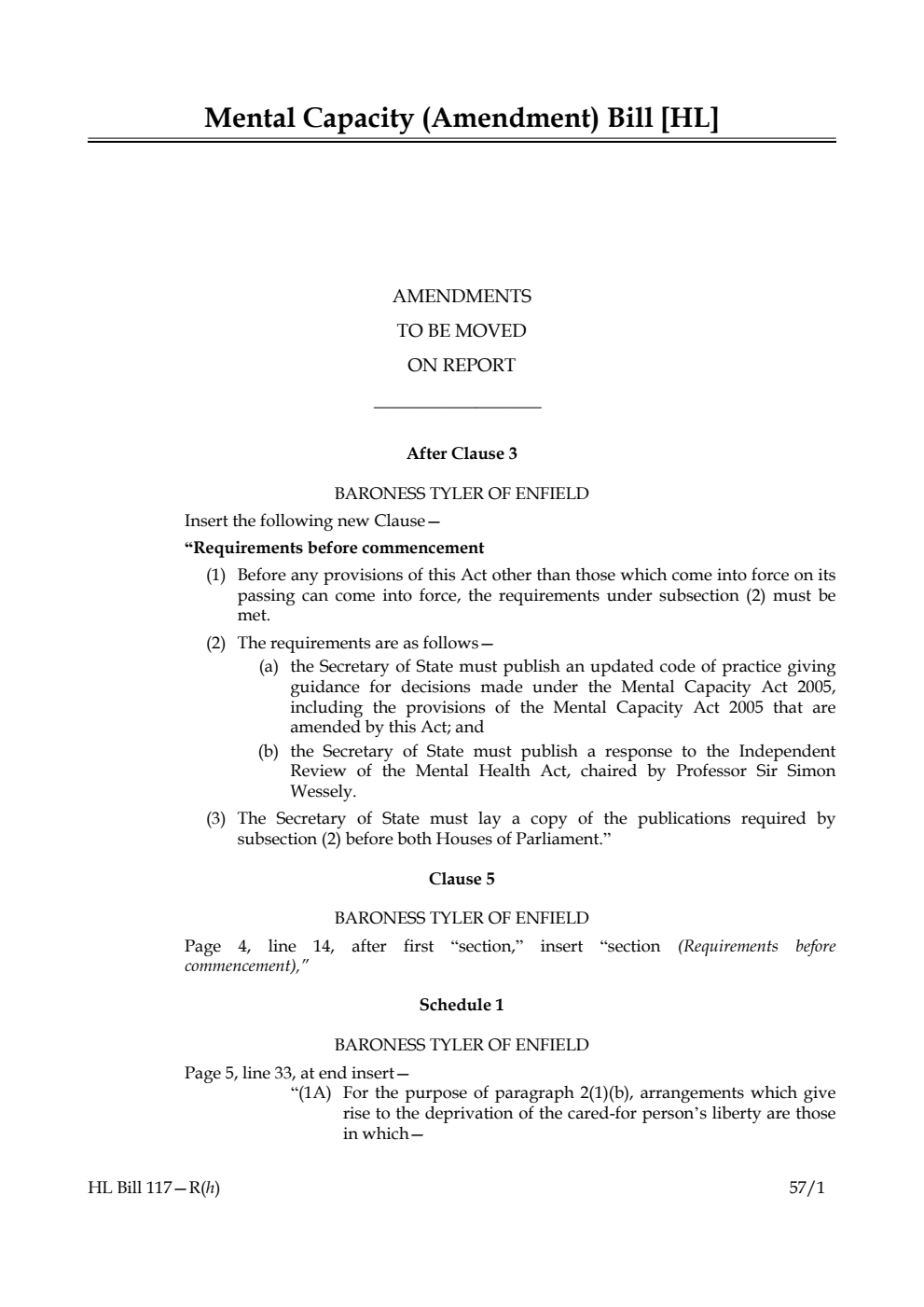 Mental Capacity (Amendment) Bill Amendments to be moved on report