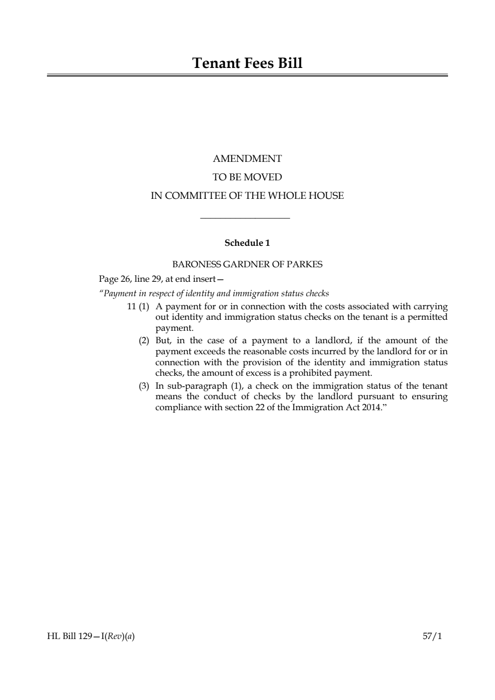 Tenant Fees Bill Amendment to be moved in Committee of the Whole House